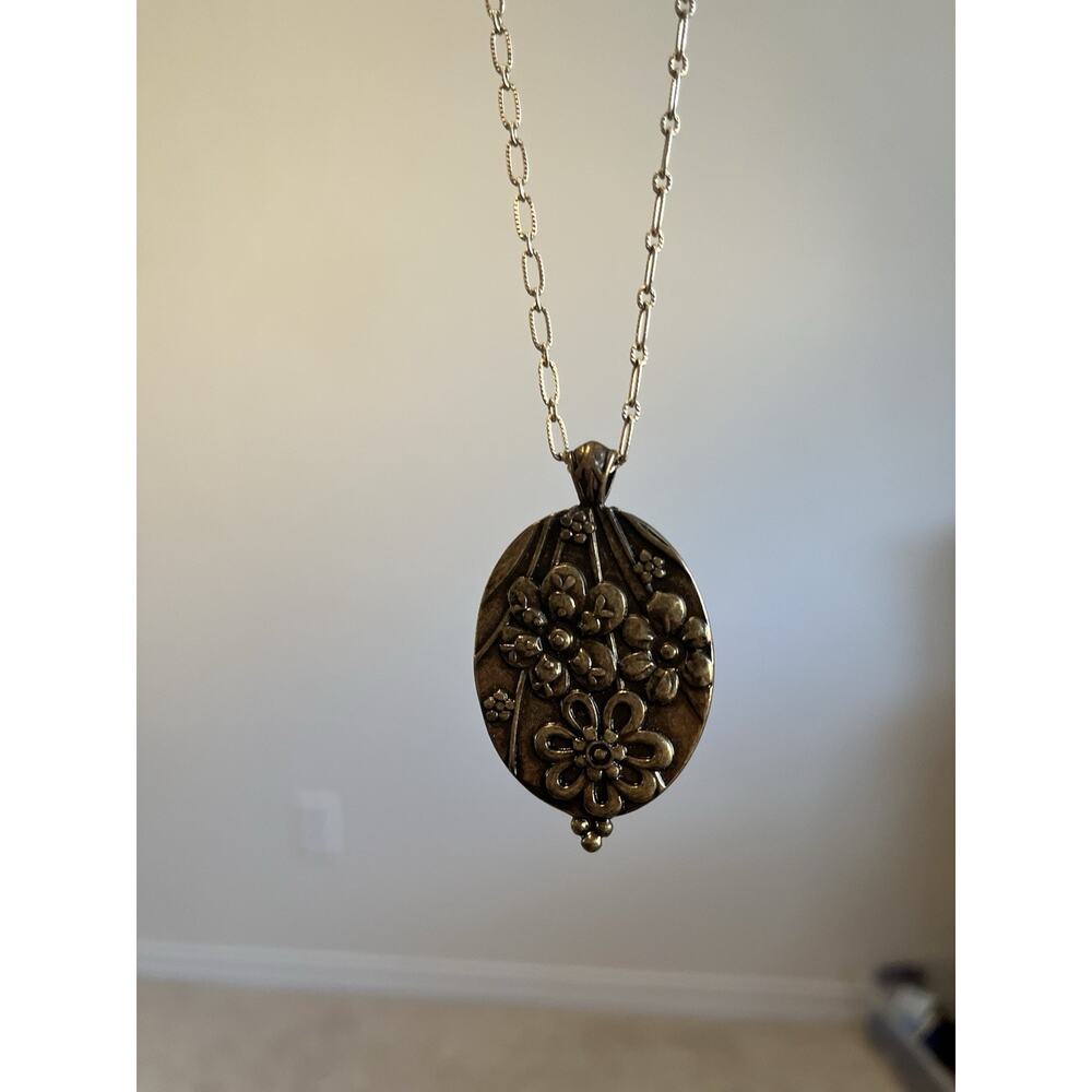 Vintage Antique Bronze Reversible Medallion Necklace Long Flower Domed Cage 40” - Picture 3 of 12